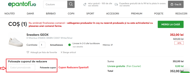 Cum aplici un cupon de reducere Epantofi la comanda