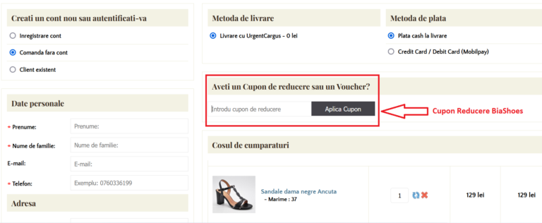 Cum folosesti un cupon de reducere sau voucher BiaShoes la o comanda