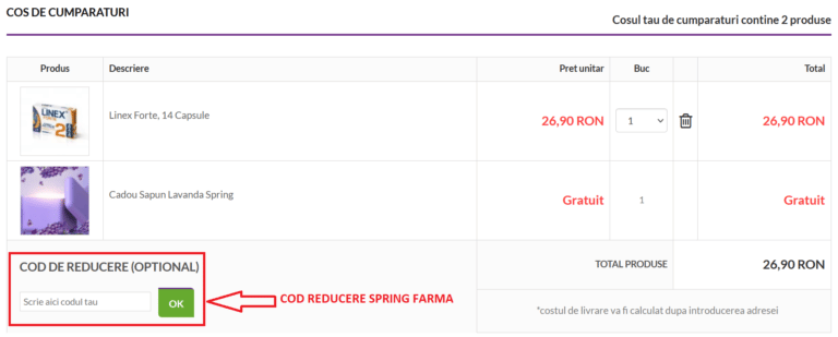 Cum se adauga un cod de reducere Spring Farma la o comanda