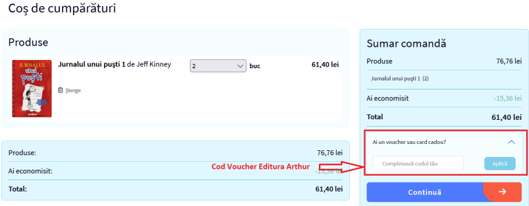 Cum adaugi un cod voucher Editura Arthur