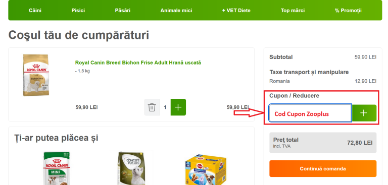 Cum sa aplicati un cupon de reducere Zooplus la o comanda online