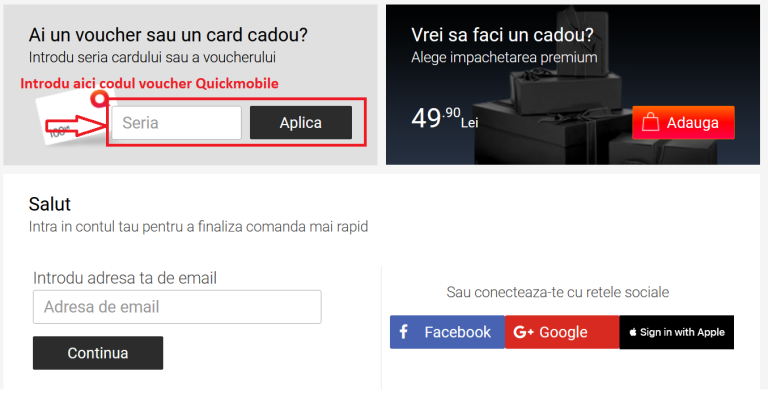 Cum aplici un cod voucher Quickmobile la o comanda