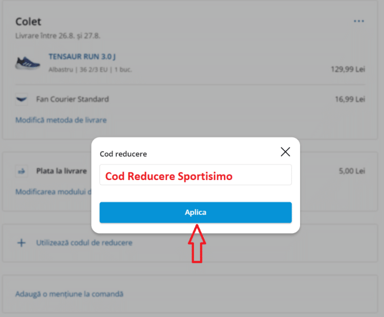 Cum adaugi un cod reducere Sportisimo la comanda