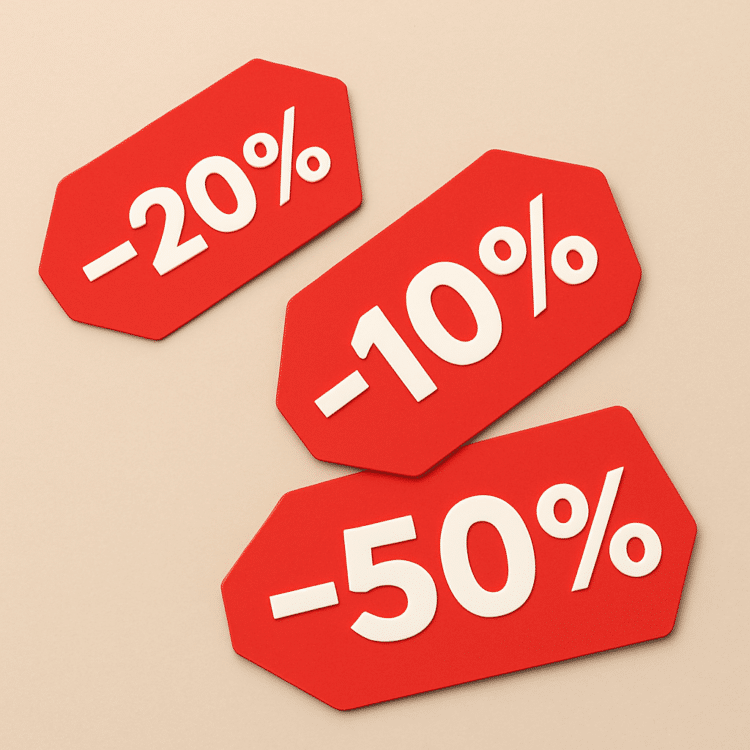 Etichete de reduceri online -10%, -20%, -50%, simbol al ofertelor și economiilor disponibile pe cuponvoucher.ro