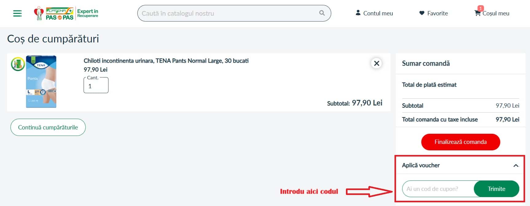 Cum aplici codul de reducere sau voucher Catena Pas cu Pas în coșul de cumpărături