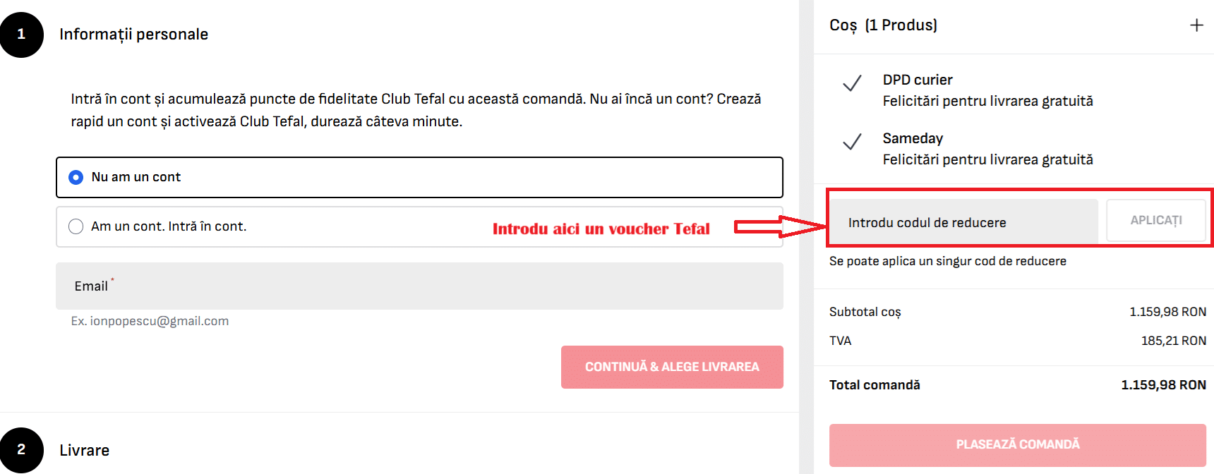 Cum aplici un cod reducere Tefal înainte de a plasa comanda.