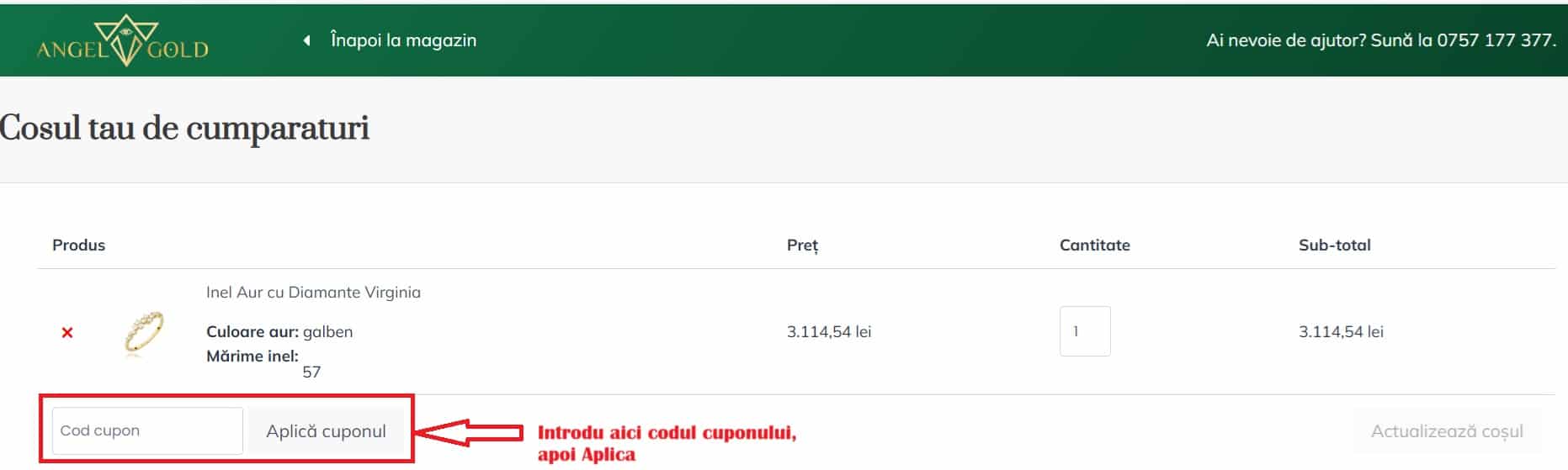 Cum aplici codul promoțional Angel Gold – câmp cod cupon în coșul de cumpărături