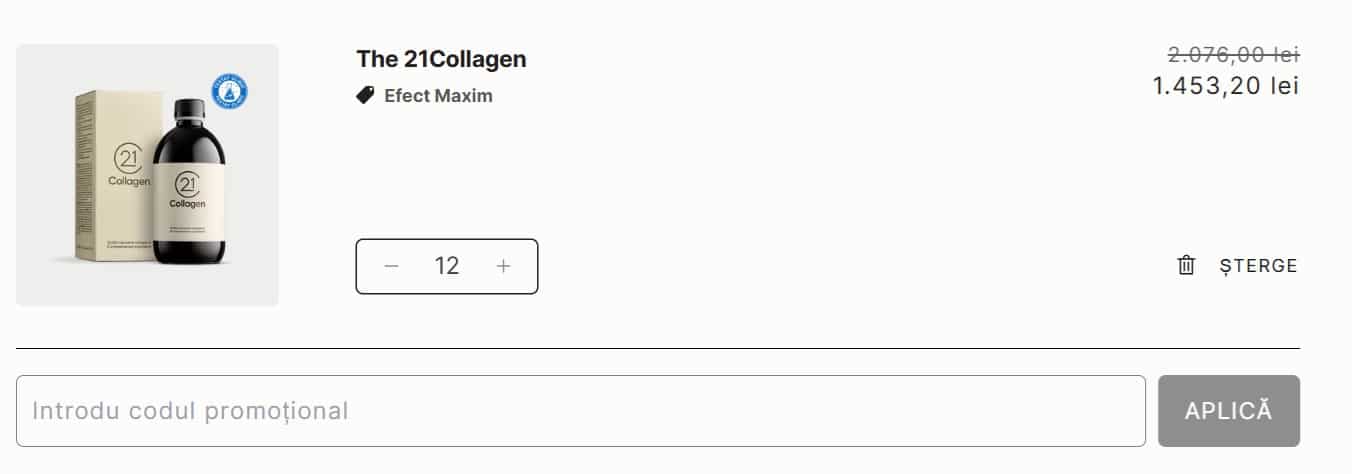 Câmp pentru introducerea codului promoțional 21Collagen în coșul de cumpărături