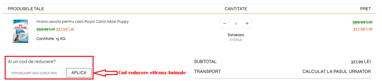 Cum se utilizează un cod de reducere pe eHranaAnimale.ro