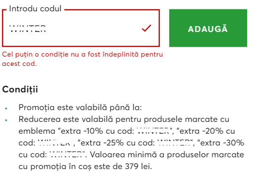 Mesaj afișat în coșul Epantofi atunci când un cod promoțional nu îndeplinește condițiile de aplicare