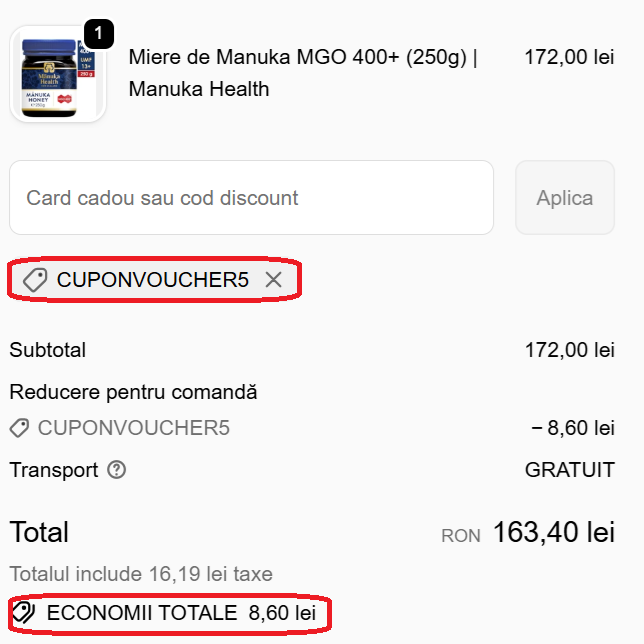 Coș ManukaShop cu codul CUPONVOUCHER5 aplicat, reducere de 8,60 lei și transport gratuit