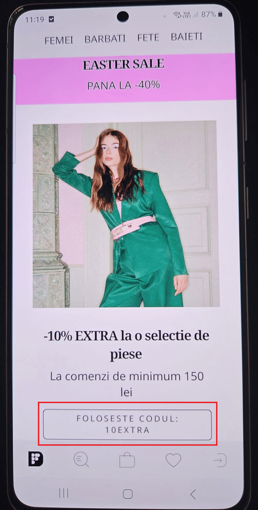 Ofertă Fashion Days în aplicație: -10% extra la o selecție de piese, la comenzi de minimum 150 lei, cu codul 10EXTRA